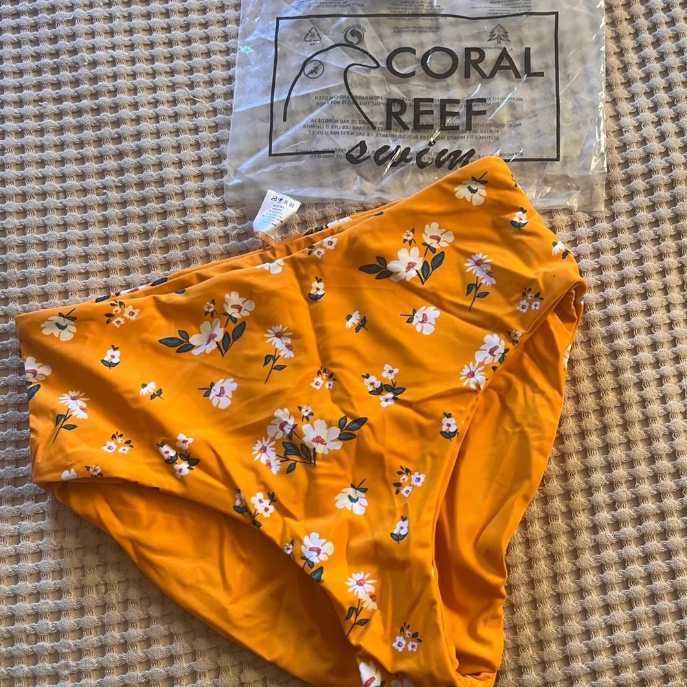 Coral Reef Floral High-Waist Bikini Bottoms - Mustard Yellow